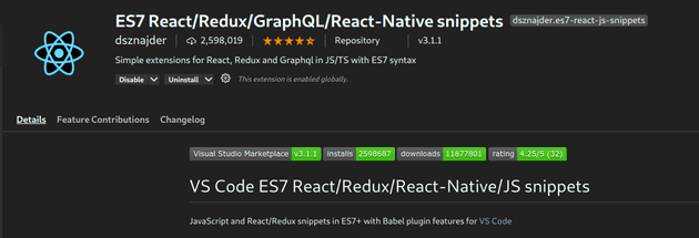 ES7 React/ Redux/GraphQL/ React-Native snippets